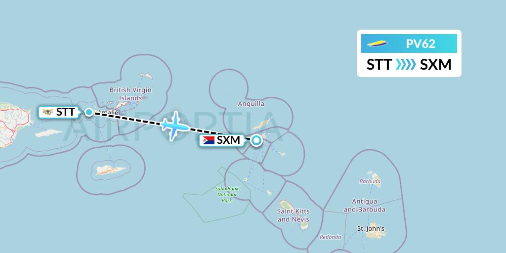 PV62 St. Barth Commuter Flight Map: St. Thomas to Sint Maarten