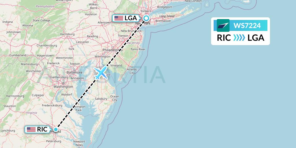 WS7224 WestJet Flight Map: Richmond to New York