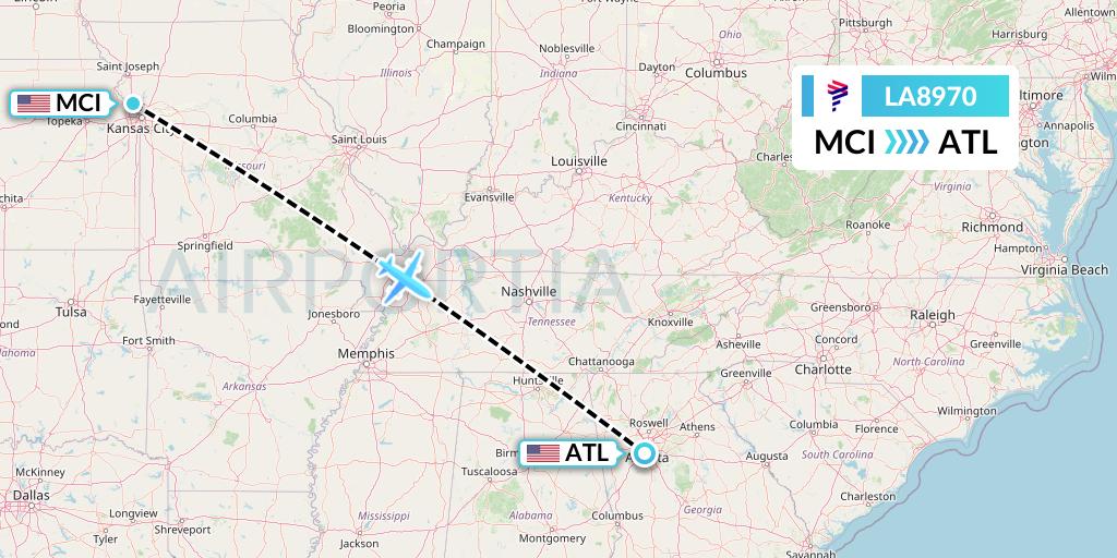 LA8970 LAN Airlines Flight Map: Kansas City to Atlanta