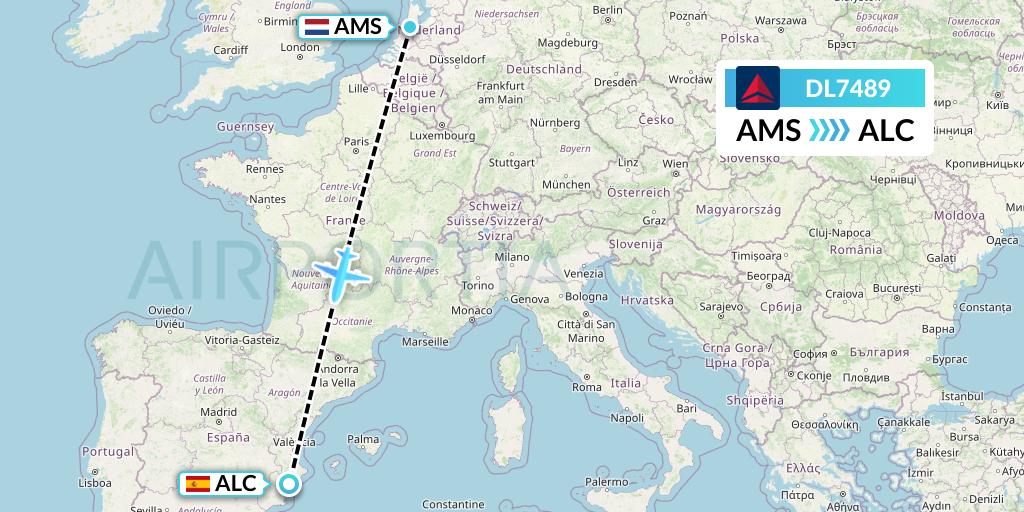 DL7489 Delta Air Lines Flight Map: Amsterdam to Alicante