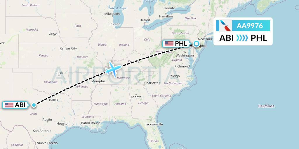 AA9976 American Airlines Flight Map: Abilene to Philadelphia