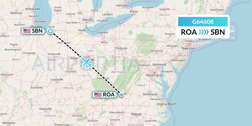 G64608 Flight Status Fly Arna Roanoke to South Bend (ACY4608)