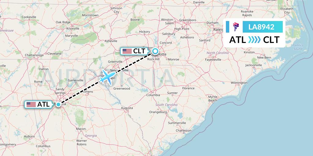 LA8942 LAN Airlines Flight Map: Atlanta to Charlotte