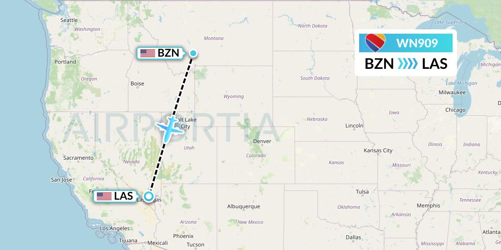 WN909 Southwest Airlines Flight Map: Bozeman to Las Vegas