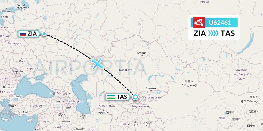 U62461 Ural Airlines Flight Map: Moscow to Tashkent