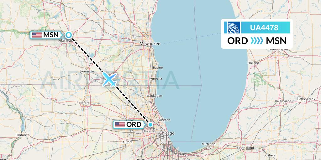 UA4478 United Airlines Flight Map: Chicago to Madison