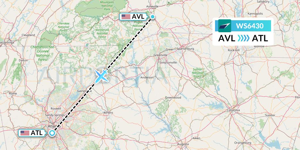 WS6430 WestJet Flight Map: Asheville to Atlanta