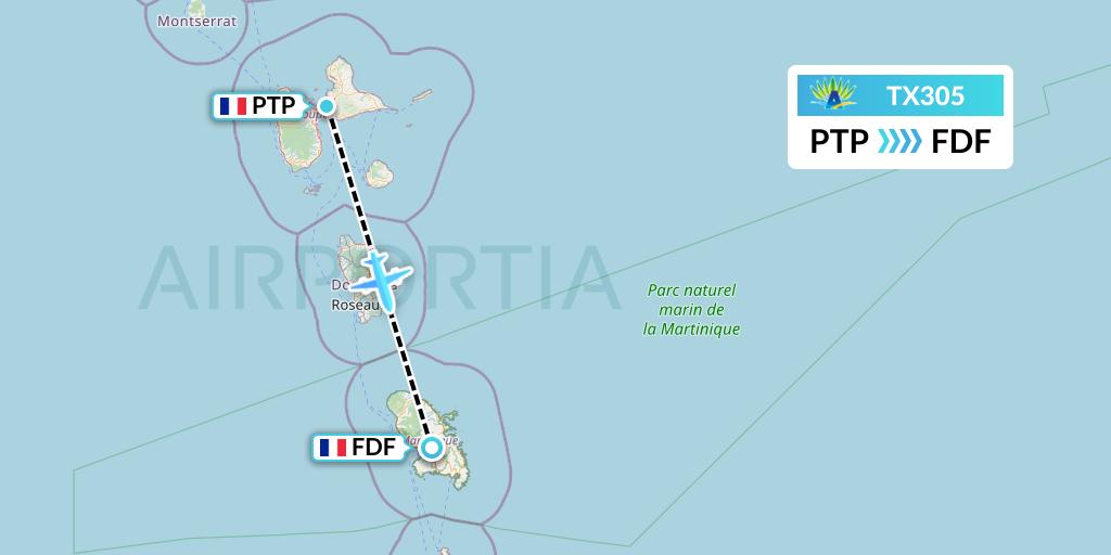 TX305 Air Caraibes Flight Map: Pointe-a-Pitre to Fort-de-France