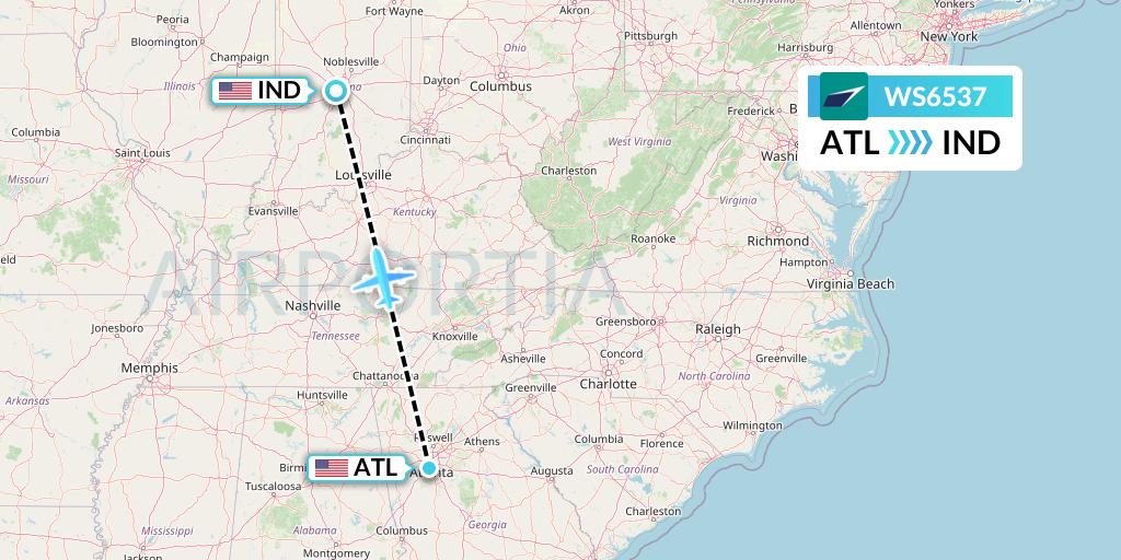 WS6537 WestJet Flight Map: Atlanta to Indianapolis