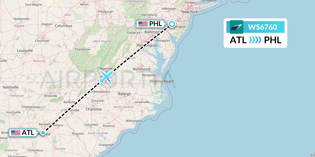 WS6760 WestJet Flight Map: Atlanta to Philadelphia