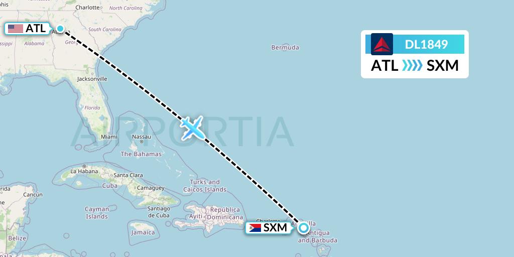 DL1849 Delta Air Lines Flight Map: Atlanta to Sint Maarten