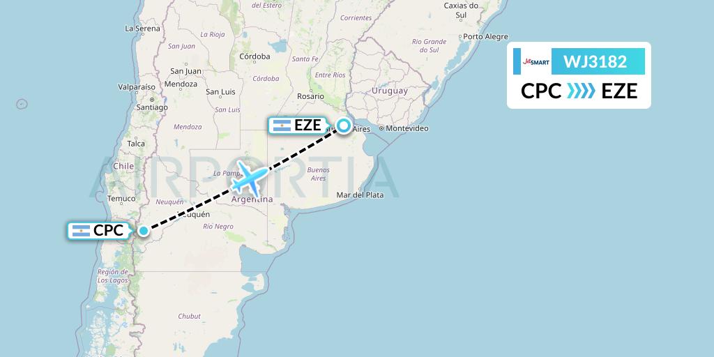 WJ3182 Jetsmart Airlines Flight Map: San Martin de los Andes to Buenos Aires