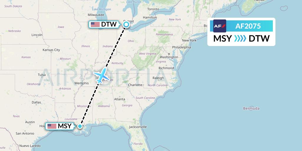AF2075 Air France Flight Map: New Orleans to Detroit