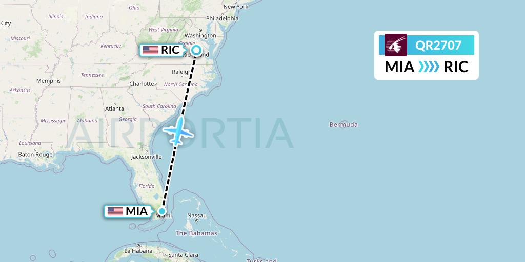QR2707 Qatar Airways Flight Map: Miami to Richmond