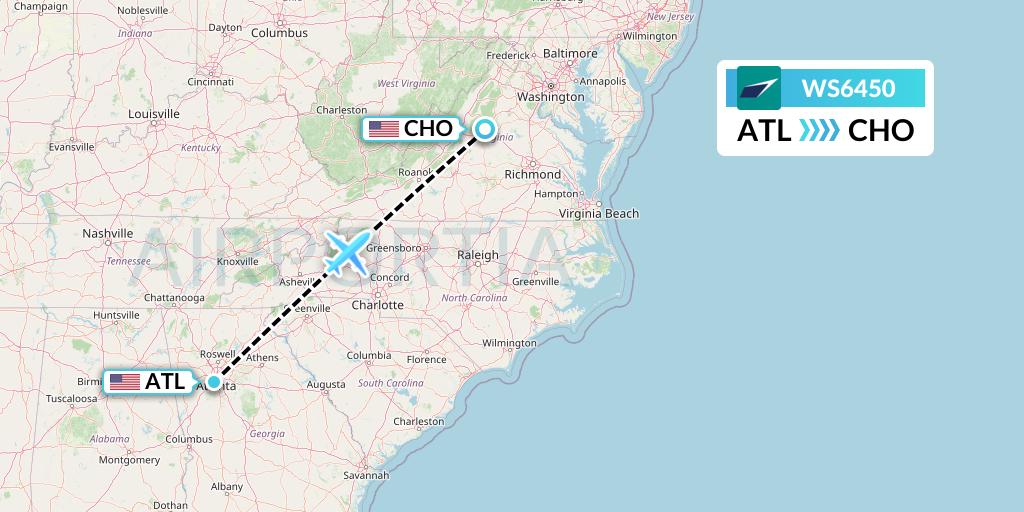 WS6450 WestJet Flight Map: Atlanta to Charlottesville