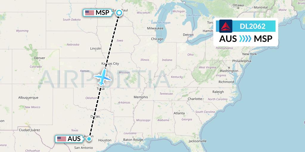 DL2062 Delta Air Lines Flight Map: Austin to Minneapolis
