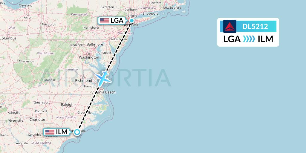 DL5212 Delta Air Lines Flight Map: New York to Wilmington