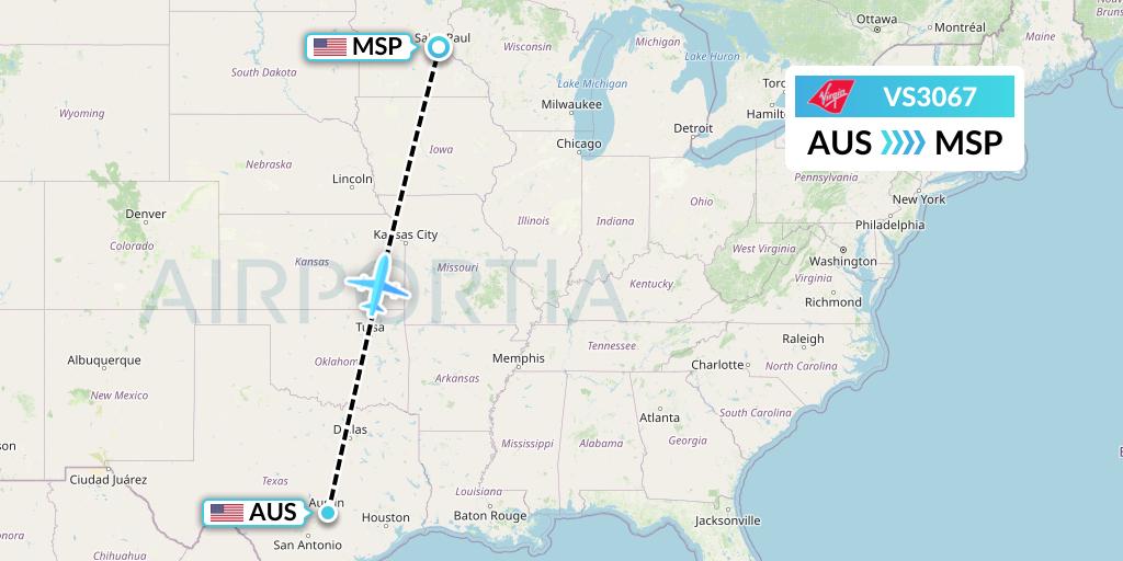VS3067 Virgin Atlantic Airways Flight Map: Austin to Minneapolis