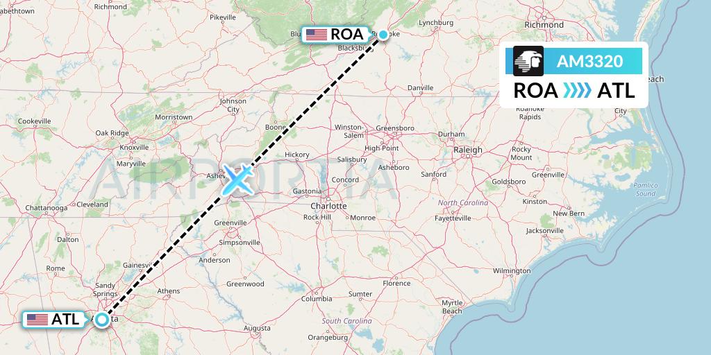 AM3320 Aeromexico Flight Map: Roanoke to Atlanta