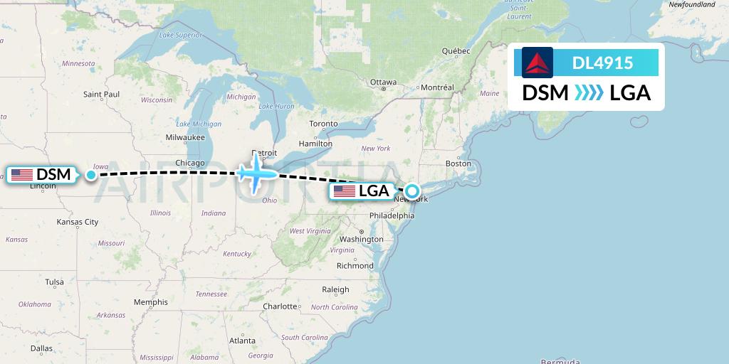 DL4915 Delta Air Lines Flight Map: Des Moines to New York