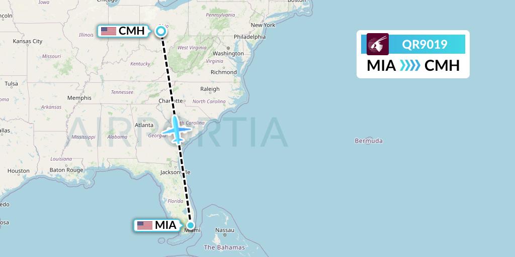 QR9019 Qatar Airways Flight Map: Miami to Columbus