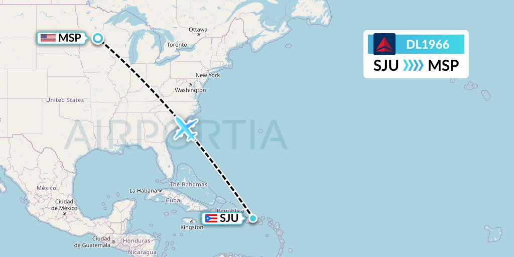 DL1966 Delta Air Lines Flight Map: San Juan to Minneapolis