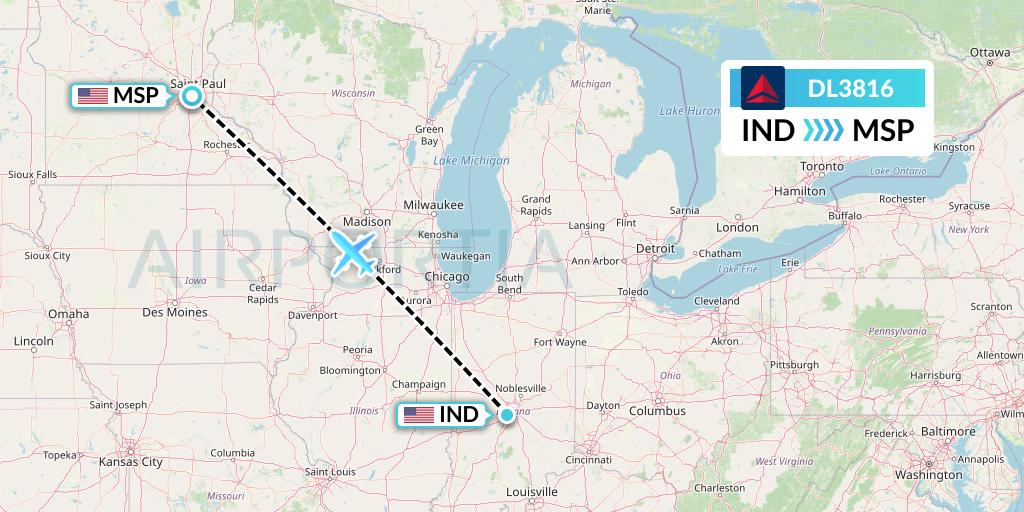 DL3816 Delta Air Lines Flight Map: Indianapolis to Minneapolis