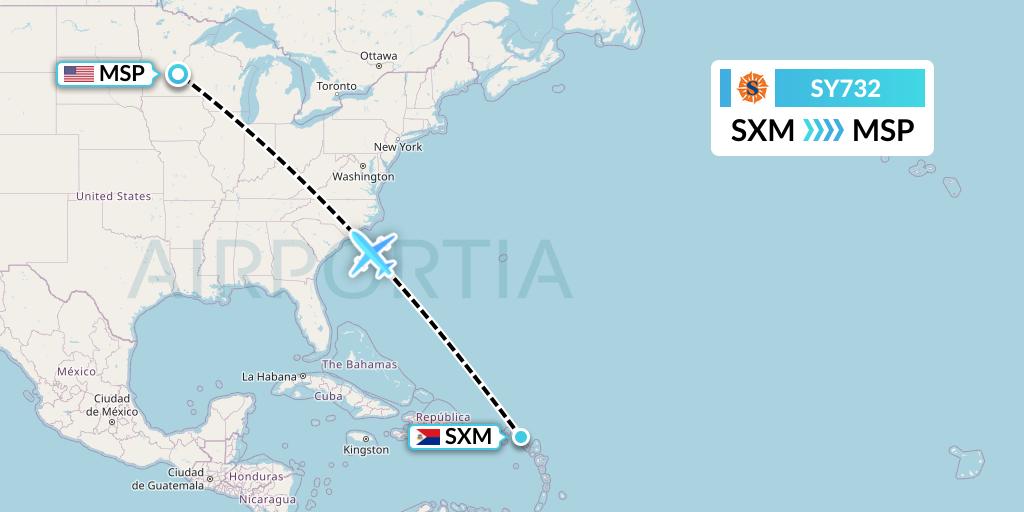 SY732 Sun Country Airlines Flight Map: Sint Maarten to Minneapolis