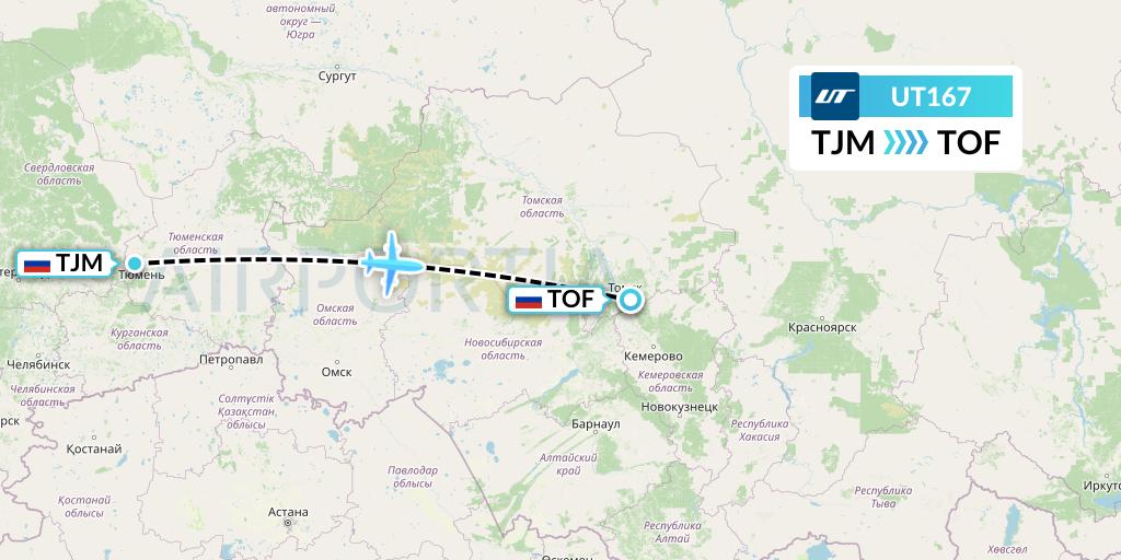 UT167 UTair Flight Map: Tyumen to Tomsk