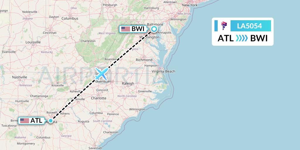 LA5054 LAN Airlines Flight Map: Atlanta to Baltimore
