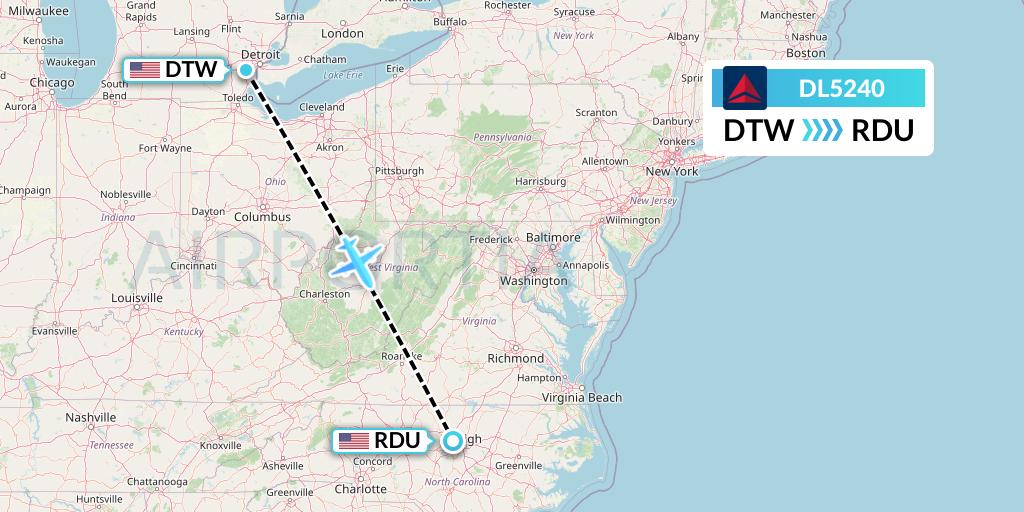 DL5240 Delta Air Lines Flight Map: Detroit to Raleigh-Durham