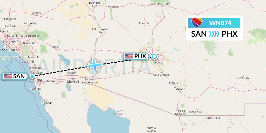 WN874 Southwest Airlines Flight Map: San Diego to Phoenix