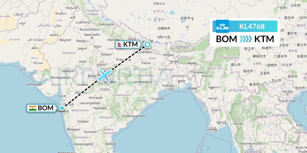 KL4768 KLM Flight Map: Mumbai to Kathmandu