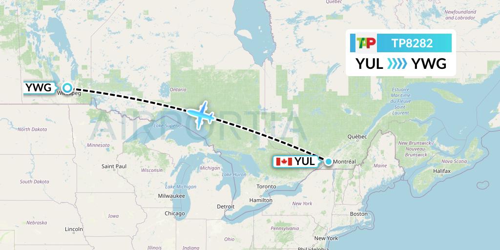 TP8282 TAP Portugal Flight Map: Montreal to Winnipeg