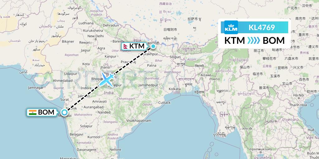 KL4769 KLM Flight Map: Kathmandu to Mumbai