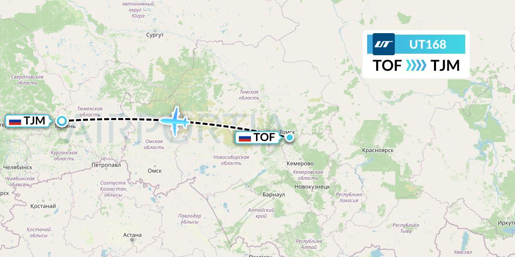 UT168 UTair Flight Map: Tomsk to Tyumen