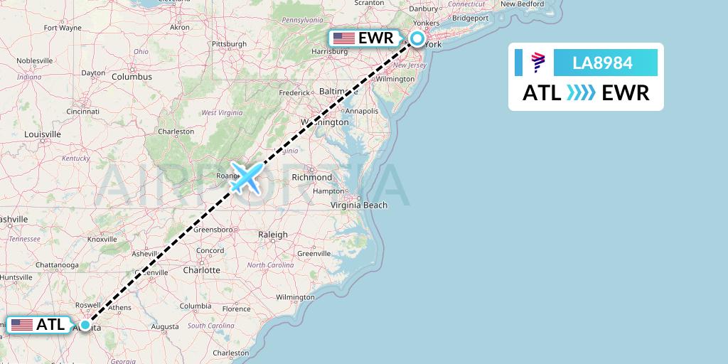 LA8984 LAN Airlines Flight Map: Atlanta to New York