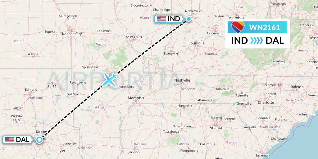 WN2161 Southwest Airlines Flight Map: Indianapolis to Dallas