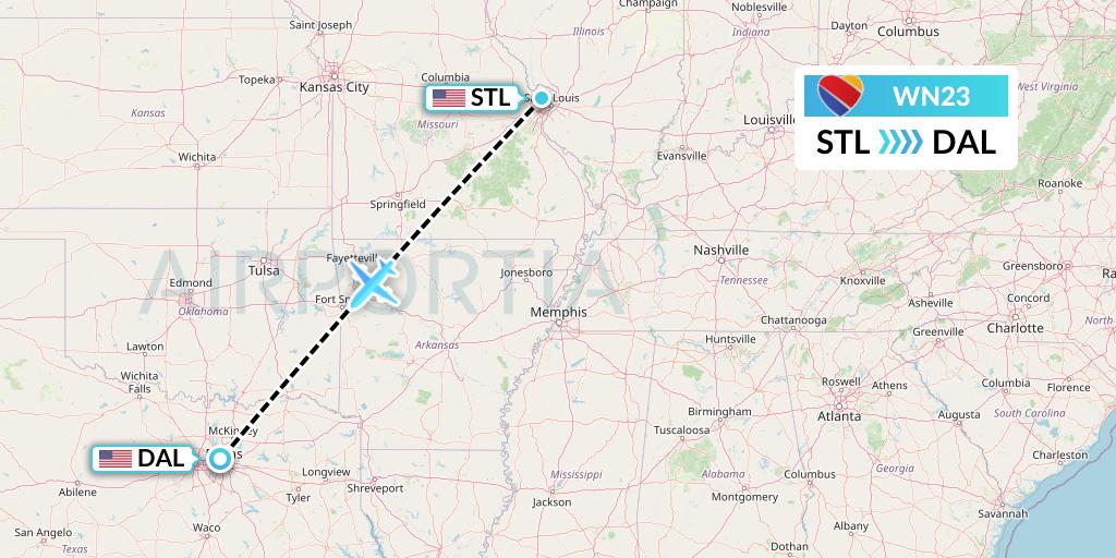 WN23 Southwest Airlines Flight Map: St. Louis to Dallas