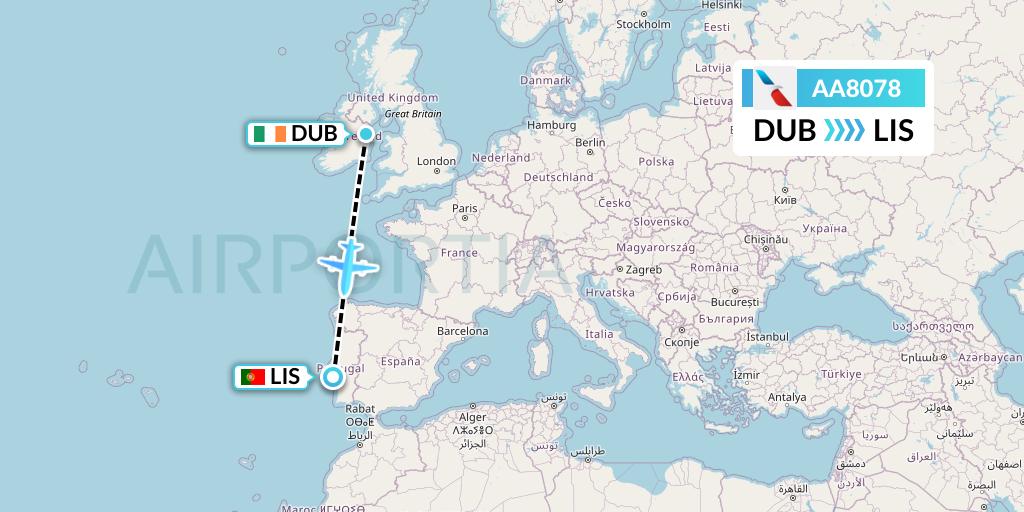 AA8078 American Airlines Flight Map: Dublin to Lisbon