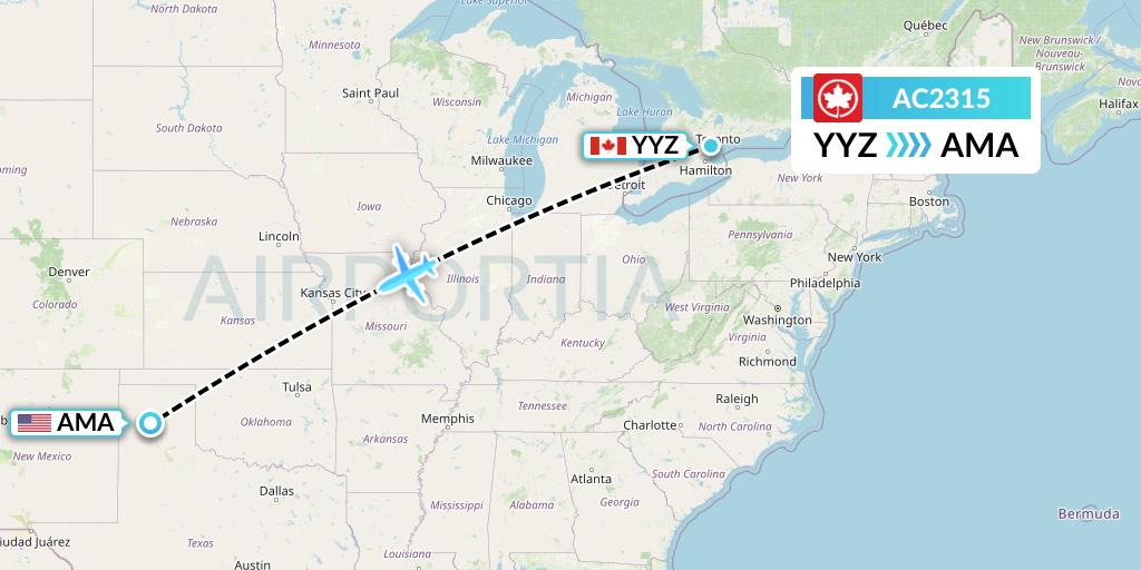 AC2315 Air Canada Flight Map: Toronto to Amarillo