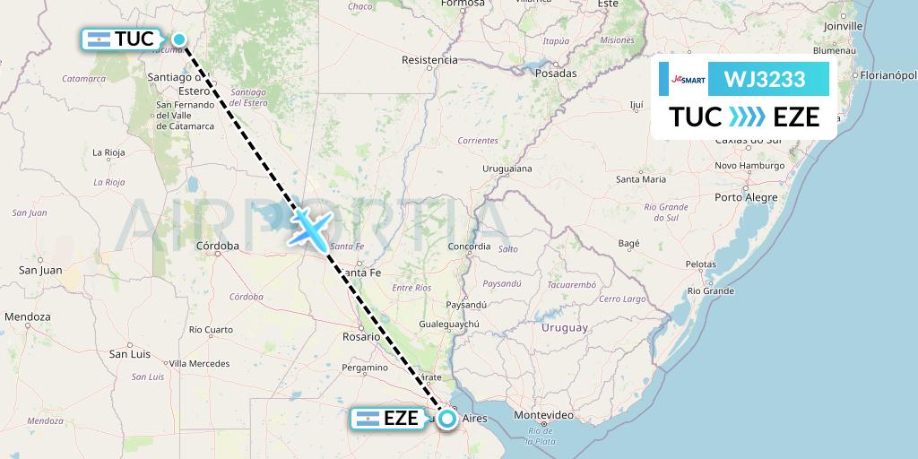 WJ3233 Jetsmart Airlines Flight Map: Tucuman to Buenos Aires