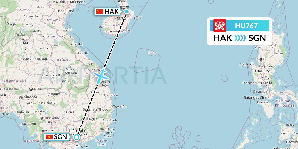 HU767 Hainan Airlines Flight Map: Haikou to Ho Chi Minh City