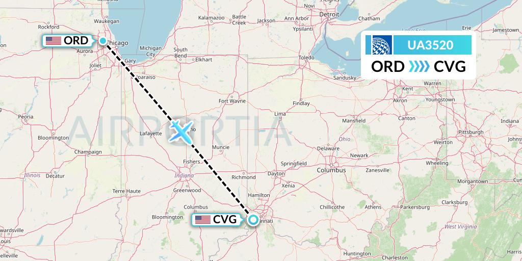 UA3520 United Airlines Flight Map: Chicago to Cincinnati