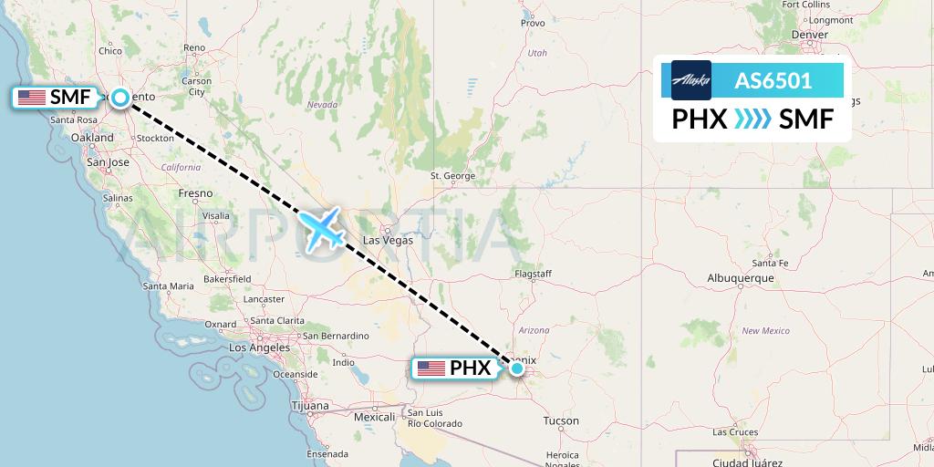AS6501 Alaska Airlines Flight Map: Phoenix to Sacramento