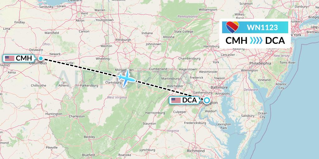 WN1123 Southwest Airlines Flight Map: Columbus to Washington