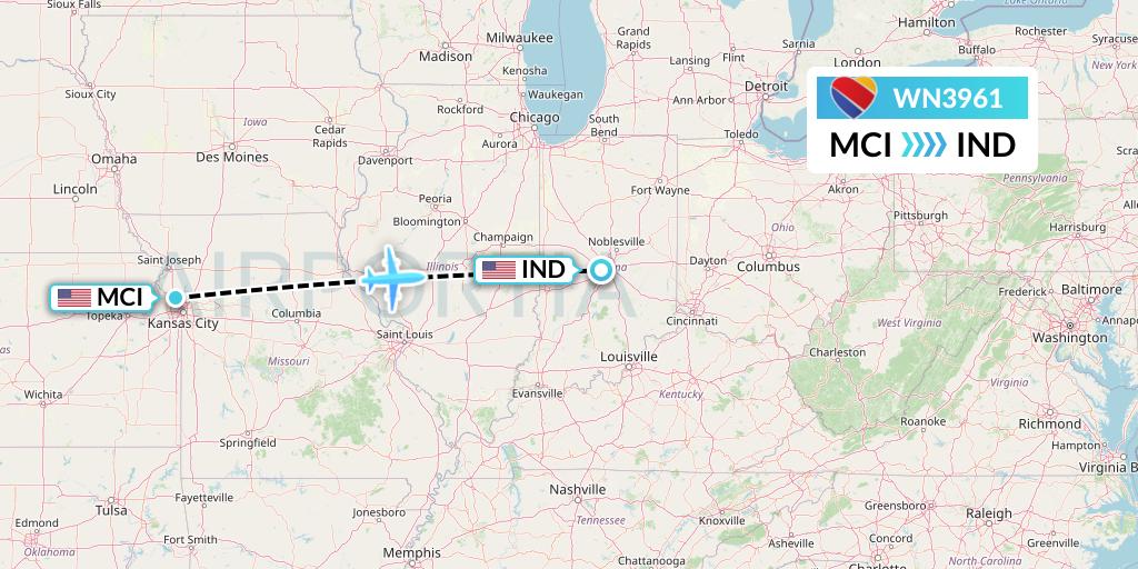 WN3961 Southwest Airlines Flight Map: Kansas City to Indianapolis