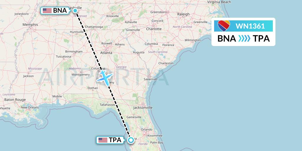 WN1361 Southwest Airlines Flight Map: Nashville to Tampa