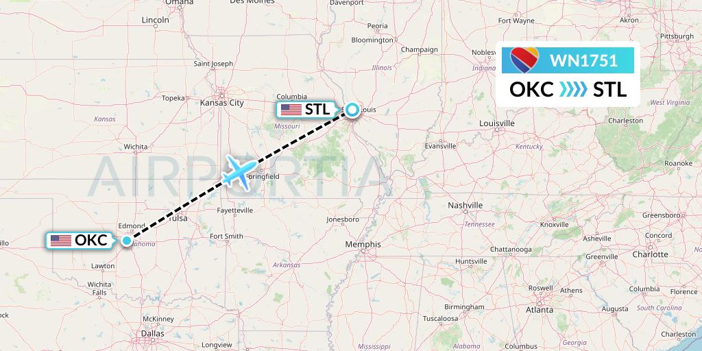 WN1751 Southwest Airlines Flight Map: Oklahoma City to St. Louis