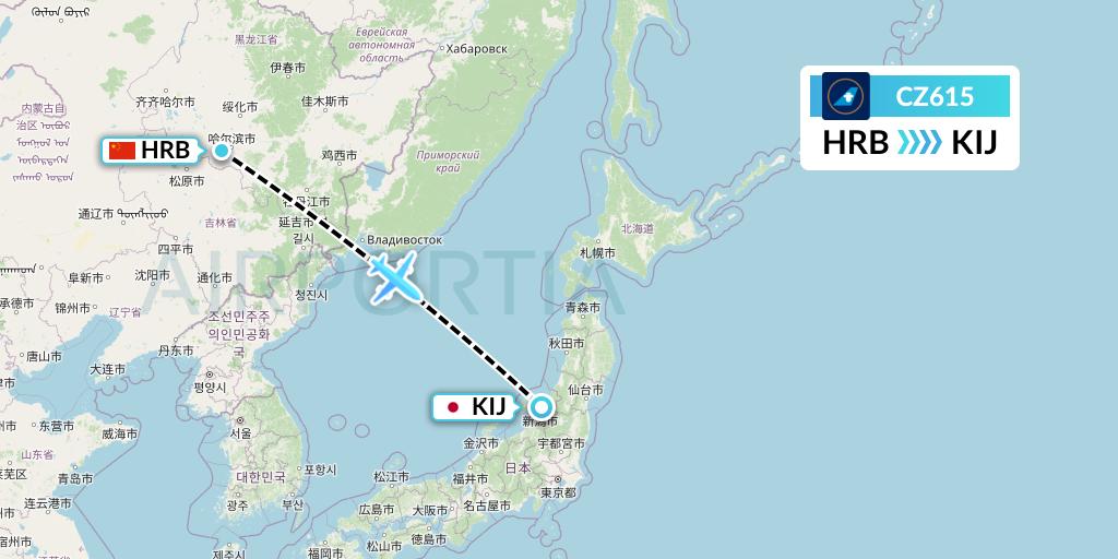 CZ615 China Southern Airlines Flight Map: Harbin to Niigata